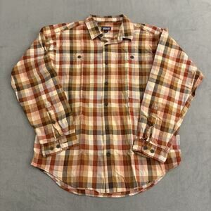Patagonia Organic Cotton Flannel Shirt Mens Size M Orange Tan Plaid Long Sleeve